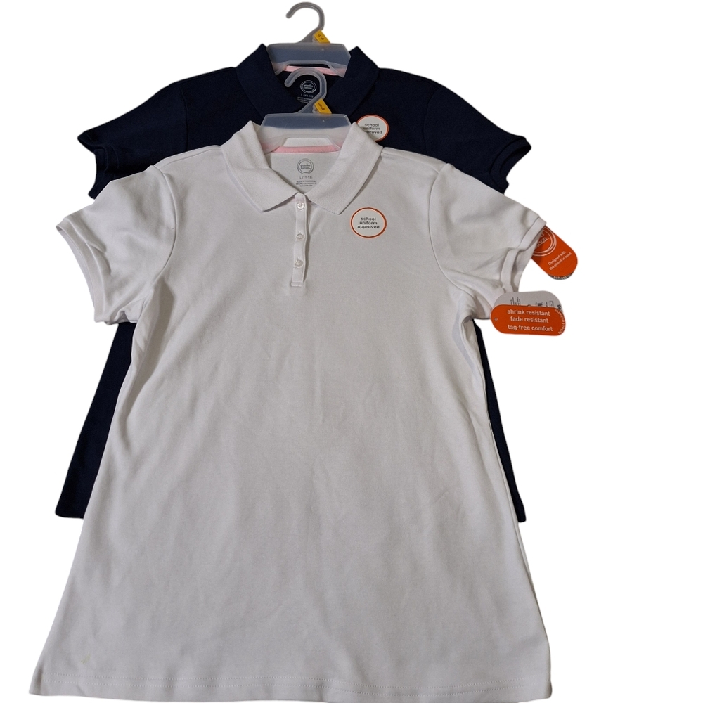 NWT Wonder Nation School Uniform Polo Shirts Lot of 2 L Juniors 11-13 Navy White